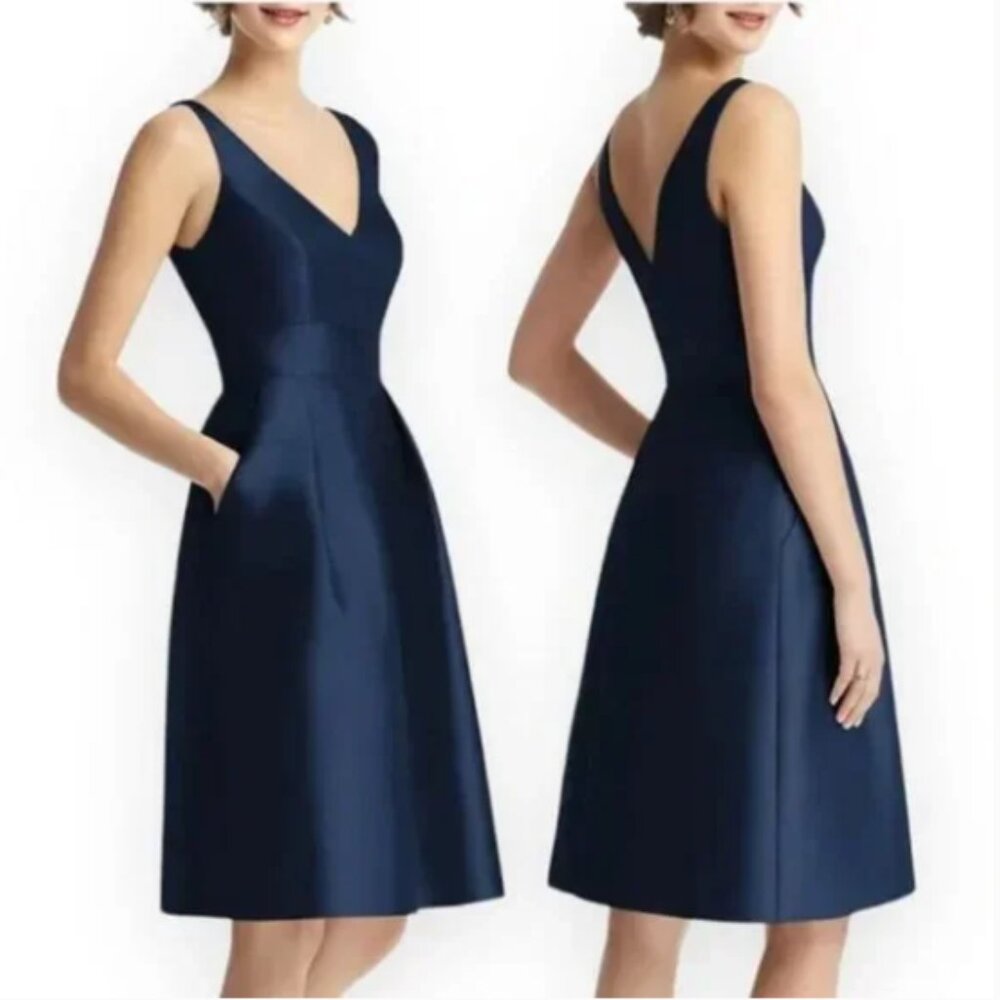 Alfred Sung‎ Midnight Navy Blue V Neck Satin Dress Size 2 D768